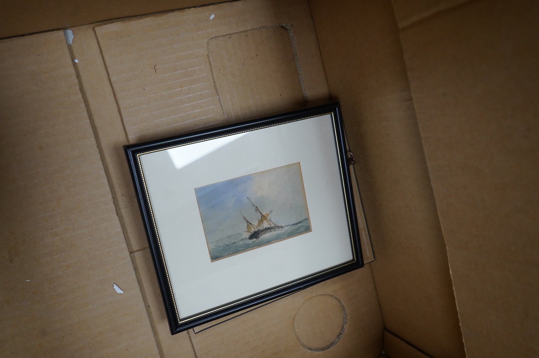 Late 19th / early 20th century, Maritime interest, Boats at sea before a castle, oil on board, together with six similar watercolours to include examples by Frederick James Aldridge and B. McKinley, largest 24 x 34cm